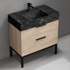 Modern Bathroom Vanity, 32 inch, Black Marble Style Sink, Free Standing